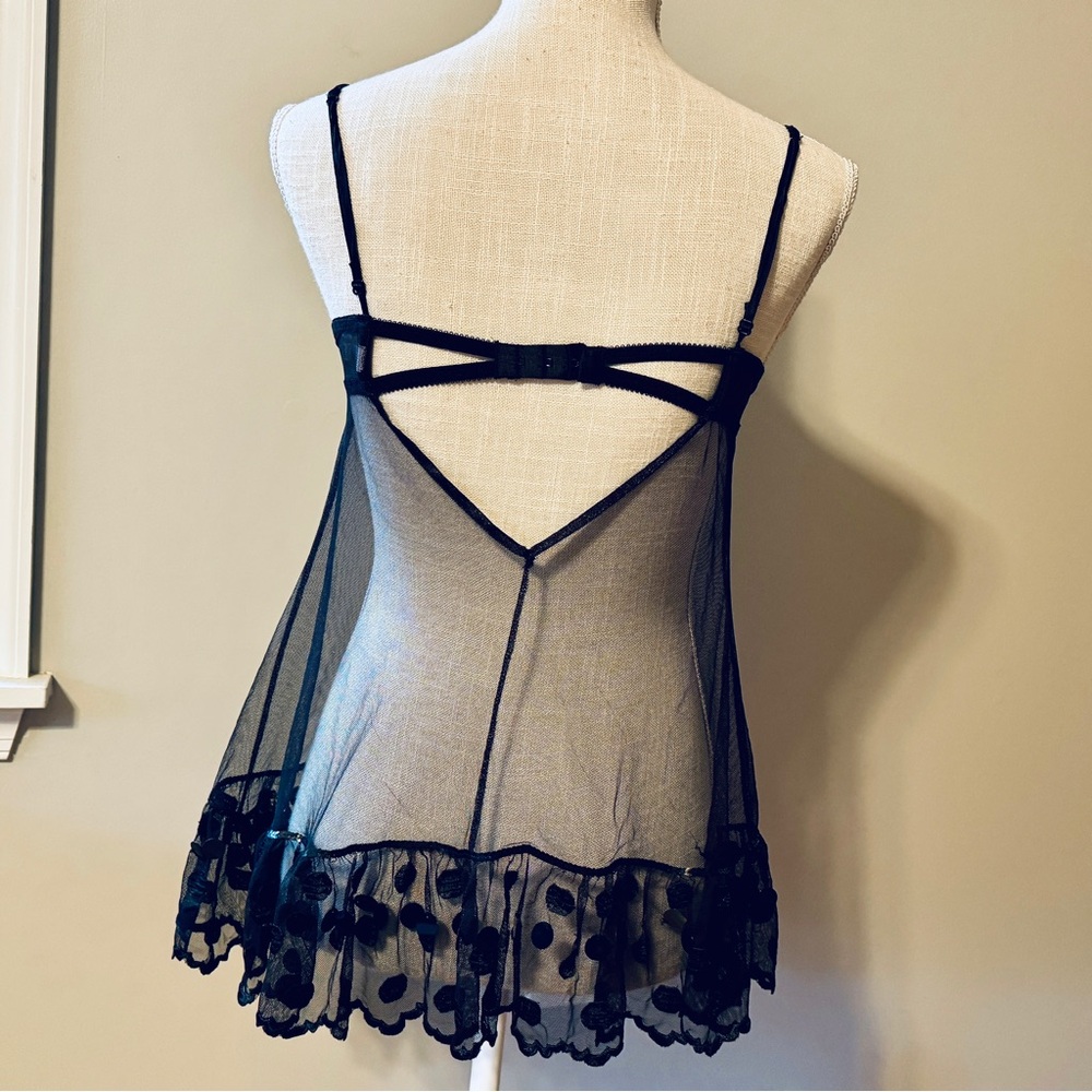 VS Baby Doll Lingerie Nightie Black Sheer Mesh Polka Dot Sequins S M Bra 34B - Picture 3 of 5